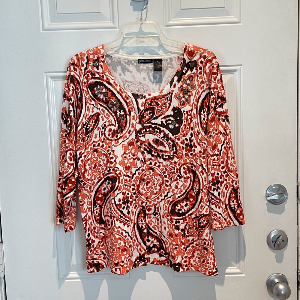Vintage Yarns & Stitches Jewels Coral Red Orange Brown Paisley Cardigan Size XL